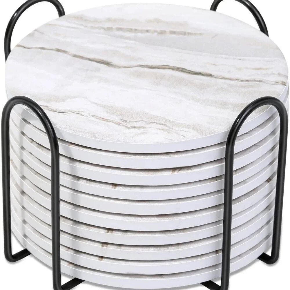 Coasters Set of 10, Absorbent Drink Coasters with Holder, Marble Style Ceramic C